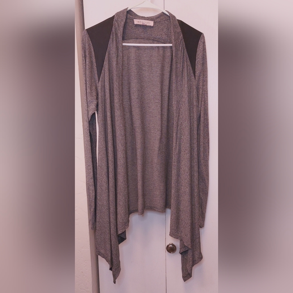 Philosophy Open Cardigan Gray Faux Leather Shoulder Patches Size Large Work Knit